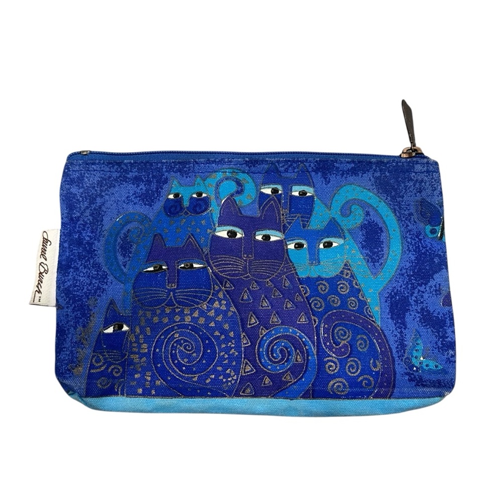 Laurel Burch Women’s Blue Canvas Zipper Whimsical Cat‎ Artwork Small Pouch Bag